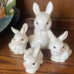 Vintage-Style White Ceramic Bunny Figurine Set 4 with Pink Accents